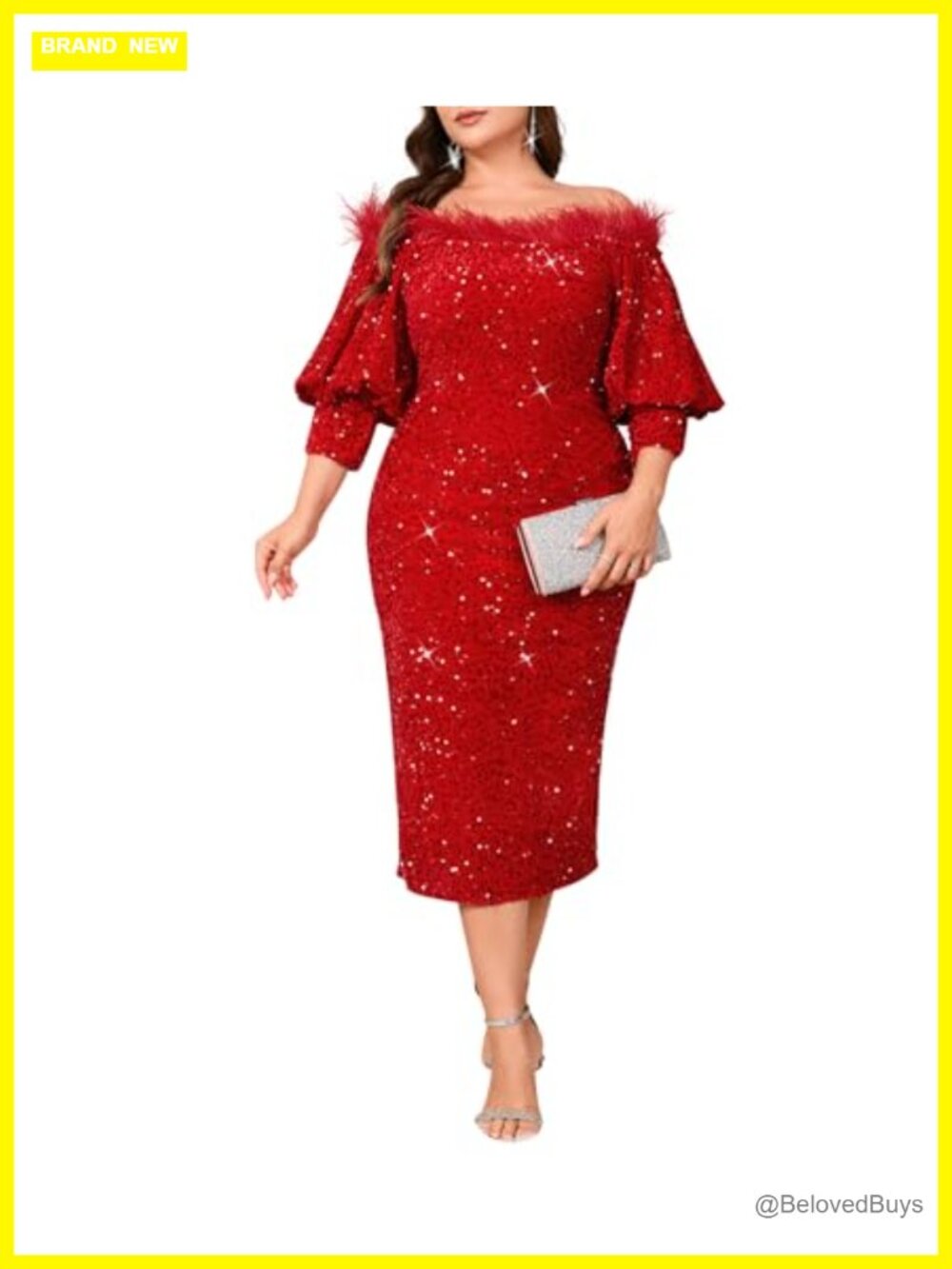 Women Sequin Off Shoulder Puff Sleeve Bodycon Midi Dress Formal Party Cocktail